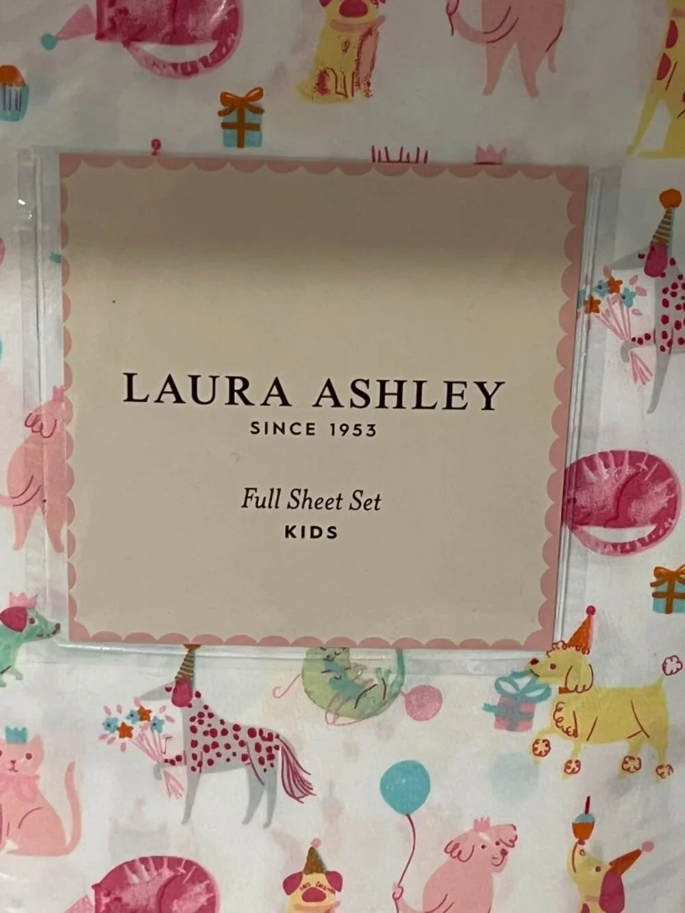 LAURA ASHLEY KIDS FULL White PARTY ANIMALS Sheet Set 4pc Dog Cat Pug Dachshund